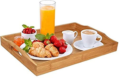 Dudoplatz Plateau de Service en Bambou avec poignées - Idées pour Le dîner, Le thé, Le Bar, la Table, Le Petit déjeuner, idéal pour Les fêtes ou Les Plateaux de lit