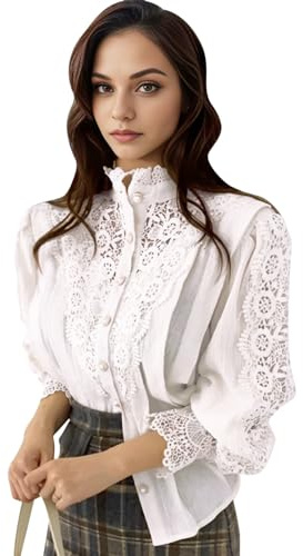 Petalum Damblus spets chic viktoriansk skjorta långärmad puffy ballong sexig gotisk blus Lolita spets genombruten topp blus renässans elegant lös vintage, Vitt och blått, 34