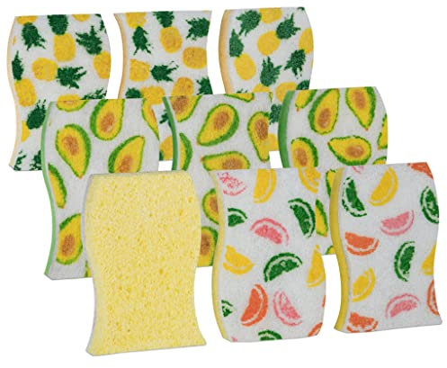 Smart Design Lot de 9 éponges à récurer intelligentes en Cellulose Anti-Rayures - Ultra absorbantes - Forme Ergonomique - Nettoyage, Vaisselle et Taches dures - Motif Fruits - Orange, Vert, Jaune