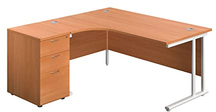 Office Hippo Heavy Duty Left Corner Radial Desk With 3 Drawer High Storage, Home Office Filing, PC Workstation for Office or Home, 5 Yr Warranty, MFC-Beech, White Frame, 160cm x 160.4cm