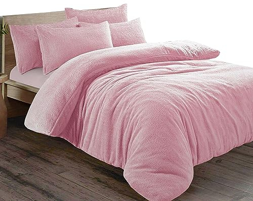 Pinkfairy Teddy Fleece Plain Duvet Cover Set - Winter Soft Thermal Warm Cosy Quilt with Pillowcase Luxury Bedding Set (Double, Pink)