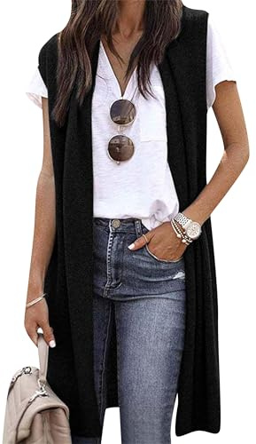 EFOFEI Donna Cardigan a Mezza Lunghezza con Canotta Cardigan Semplice Elegante Allentato Gilet Lungo Senza Maniche Nero XL