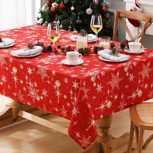 Alishomtll Weihnachten Rot Tischdecke, Gold Schneeflocke Funkelnde Sterne Quadratisch Tischdecken, Wasserabweisend Abwaschbar Tischtuch, Winter Party Festliche Deko Tischwäsche 140x140 cm