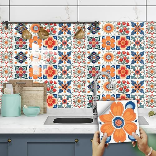 Tile Stickers 20x20 cm Orange Red Flowers Self Adhesive Wall Tiles Waterproof Stick on Tiles Bathroom Kitchen Tile Stickers Stick on Wall Tiles Decor Self Adhesive Tiles 10 Pcs