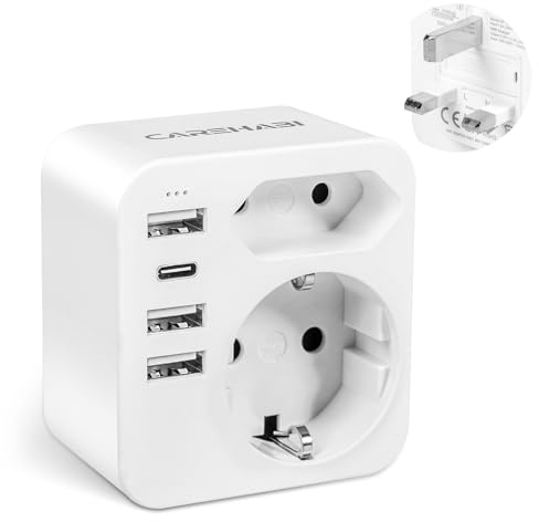 Carehabi Adaptateur Prise Anglaise, Prise Anglaise Adaptateur Francais avec 3 USB-A et 1 USB-C, Type G, Adaptateur UK, Adaptateur Prise Irlande, Prise Type G pour Angleterre Malte Malaisie