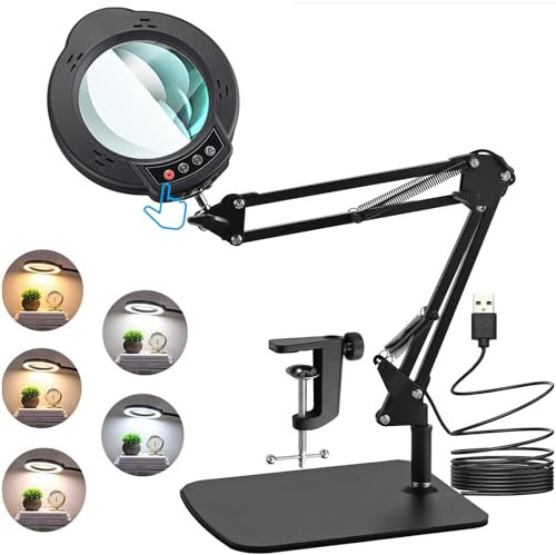 eSynic 10X Magnifier Lamp Desk Magnifying Glass with 84 LED Light Tabletop&Clamp Style with Metal Base| 10-Level Brightness| Warm&Cold Light| 50cm Adjustable Arm| USB Powered for Reading Craft Hobbies