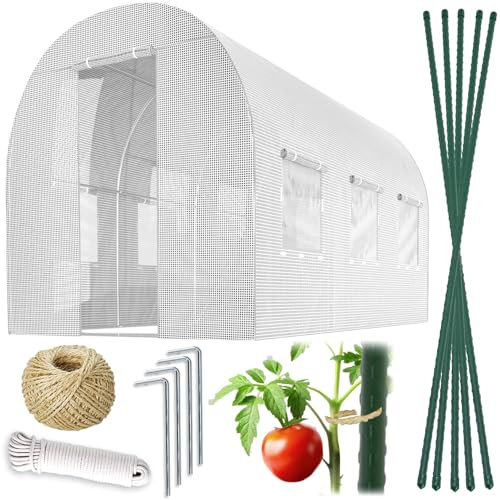 Plonos Serre Tunnel en Film Plastique avec Cadre en Acier - avec Support pour Plantes - 2 x 3,5 x 2 m - 7 m² - Blanc