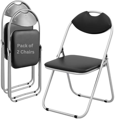 Premium Folding Chairs – 2 Pack Black Silver Fold up Chair with 115 Kg Weight Capacity Sturdy Frame, Faux Leather Soft Padding, Easy Clean - Foldable Chair for Home, Dining, Office, Desk & Events