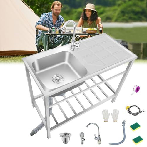 Bliajkswyr Évier sur Pieds en Acier INOX De Cuisine 75x40x75cm Extérieur Évier De Jardin avec Robinet, Évier Utilitaire pour Garage Restaurant Buanderie Facile à Nettoyer Commercial Autoportant ÉVier