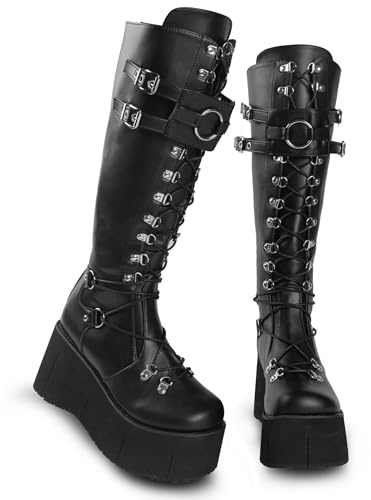 Gothniero Women Black Platform Goth Boots Knee High Chunky Heel Gothic Boot Women Black Combat Motorcycle Booties Round Toe with Zip 3UK-8UK