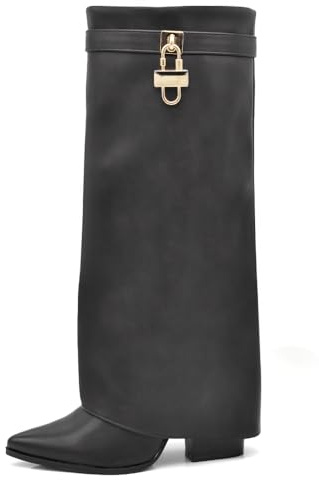 IF FASHION Stivali Alti A Punta Gambale A Ghetta Con Tacco Zip Cerniera Luchetto Da Donna A9532 Nero N.38