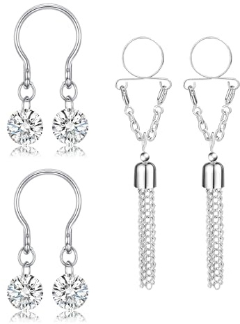 Funseedrr 2 Paires de Faux Anneau de Mamelon avec Pendentif en Acier Inoxydable Non percé Barre de Téton Piercing Bijoux