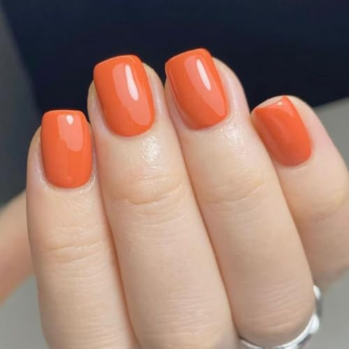 Viugex 24 stycken naglar att klistra på kort fyrkantig, fransk spets press på nails, enfärgad orange konstgjorda naglar, akryl konstgjorda naglar falska naglar för kvinnor flickor manikyr