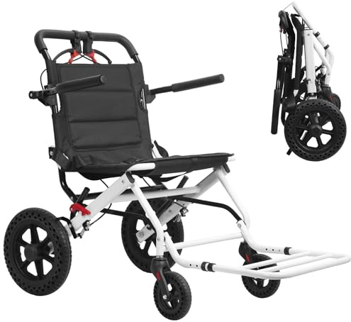 Lätt 6,4 kg hopfällbar rullstol med transport för vuxna och äldre, 50,8 cm (20 tum) bärbara rullstolar med teleskophandtag, 12 tum bakhjul och säkerhetsbälte, reserullstol, 120 kg kapacitet (vit L)