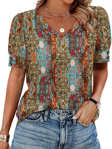 Boho Tops for Women Beach Vacation Clothes Spring Summer Outfits Plus Size Short Sleeve Shirts Blouses Dressy Casual Tunics Brown M
