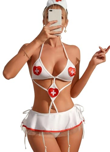 Rayson Vêtements d'Infirmière Sexy Lingerie Infirmière Set Femme Mini Jupe Boucles Dentelle Nurses Uniform Costumes Cosplay avec String,C