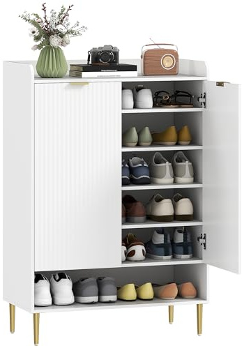 HOMCOM Scarpiera Ingresso con 2 Ante, Mobile Scarpiera con Ripiani Estraibili, Mensola Aperta e Gambe in Acciaio, Armadio Multiuso per 24 Paia di Scarpe, per Ingresso e Corridoio, 75x37x110 cm, Bianco