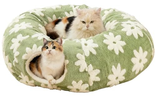 Katt Säng Tunnel Tvättbar Mjuk Plysch Grotta med Boll | Blomsterdesign Interaktiv Katt Tunnel Leksak För Krypande Kloande Tandande Kattunge och Kanin Inomhus och Utomhus