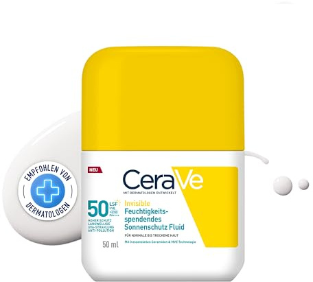 CeraVe, Fluide Hydratant Invisible SPF 50 Visage, Haute Protection Solaire Visage, Peaux Normales à Sèches, Hydratation 24H, Fini Invisible, Base de Maquillage, Glycérine & Vitamine E