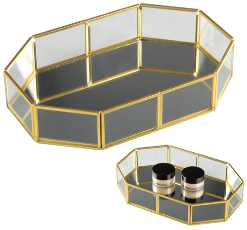 imposyu Vassoio in vetro dorato a specchio, 20 x 14 x 4,5 cm, vassoio decorativo in metallo poligonale, vassoio per toletta, toletta, bagno, camera da letto, decorazione per la casa