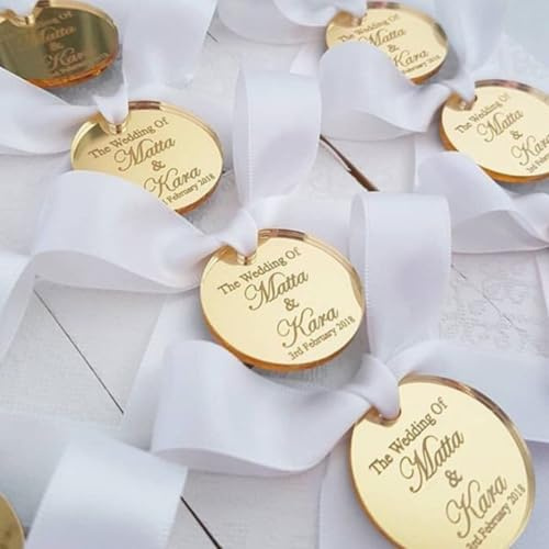 Personlig guld akryl spegel tagg för favoriter, bröllop namnskylt, tacketikett, spara datumetiketter, alla hjärtans dag, reception token, tårtberlock, presentetiketter (100 st)