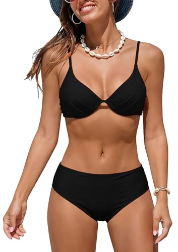 JFAN Maillot de Bain Femme 2 Pieces Push Up Bikini Set Col V Élégant Taille Haute Triangle Classique Brésilien pour Femme