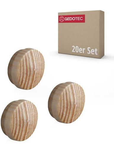 Gedotec Loch-Abdeckungen universal Abdeckkappen Holz für Blind-Bohrung Ø 15 mm | Massivholz Kiefer naturbelassen | Gesamt Ø 17 mm | Kappen rund zum Eindrücken | 20 Stück - Runde Lochkappen für Möbel
