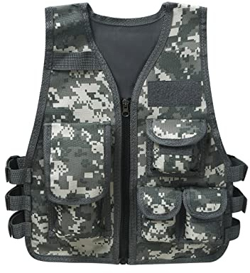 Oyolan Fiskeväst för barn, pojkar, flickor, fotograf, flera fickor, kamouflage, ärmlös jacka, justerbar kappa, utomhusspel, kampjakt, camping