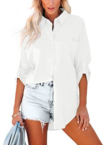 Homlan Blusa de algodón de Manga Larga para Mujer, Elegante Blusa, Camisas Informales, Tiras de Botones, Monocolor, Camiseta de Manga Larga, túnica con Bolsillos en el Pecho, Blanco, S