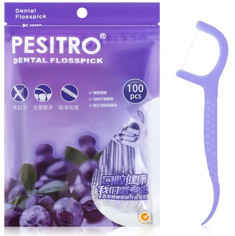 100 Pcs Dental Floss, Floss Sticks Dental, 2 in 1 Toothpicks, Floss Picks | Non-Slip Handle, Strong Floss, Disposable, Portable, Interdental Cleaning Tool for Travel, Home, Office, Restaurant -Purple