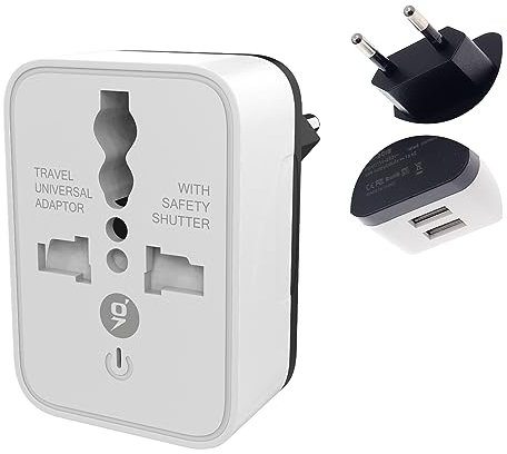Pipestation UK to European Plug Adapter (1 Pack) | Travel Plugs UK to EU and 2x USB-A Ports | Universal Adapter Plug to Europe Type C, E, F - EU Travel Adapter Plugs with Built-in Safety Shutters