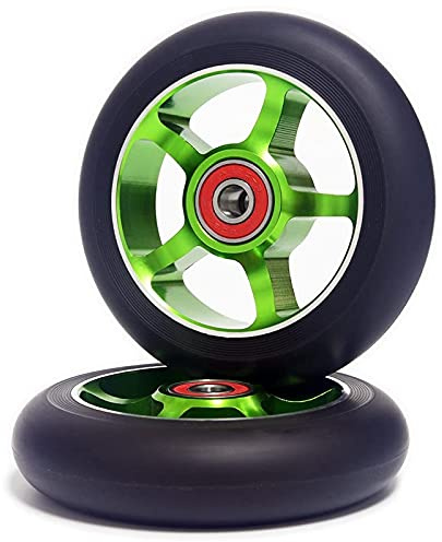 Wanjorlay 2 Pièces Roues de Remplacement 100Mm Pour Scooter - Roulements en Aluminium Résistant à l'Usure PU, Accessoires, Vert