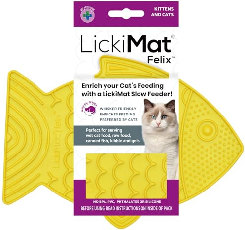 LickiMat Felix, Fish-Shaped Cat Slow Feeders for Feline Boredom and Anxiety Reduction; Perfect for Food, Treats and Anxiety Reduction, Yellow
