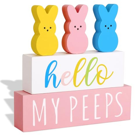 Treory Easter Decorations for The Home: 5 pcs Bunny Wooden Table Centerpiece Signs, Cute Easter Decor Peeps Rabbits Wooden Block Set Table Décor Farmhouse Rustic Tiered Tray Décor Gifts