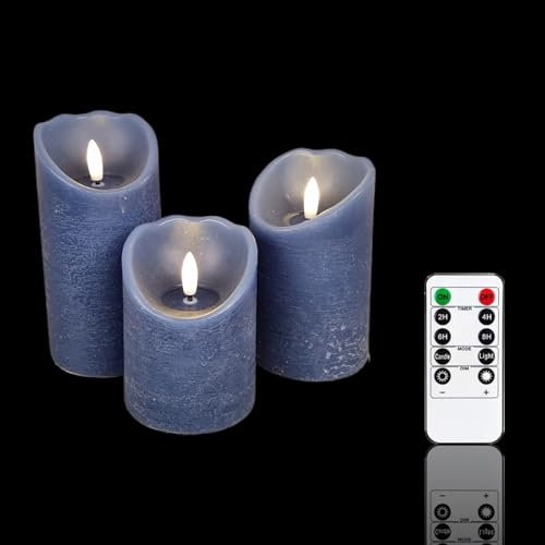 Meisterhome® 3er-Set Flammenlose LED Kerzen - Blau - Rustik Design Stumpenkerze - mit Fernbedienung – mit Timer - Batteriebetrieben – Warmweiß - 10/12,5/15 cm hoch - mit flackernder Flamme