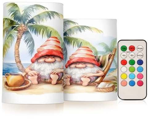 ALAZA Gnome Dwarf Sunmmer Palm Tree Beach Flickering Flameless Candles Battery Operated with Remote Timer,Tea Light Candles LED Pillar Votive Candles Set of 2 for Outdoor Indoor Decorations
