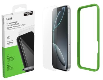 Belkin ScreenForce TemperedGlass skärmskydd för iPhone 16 Pro, tunt, kristallklart, reptåligt, genomskinlig, applicering utan luftbubblor, skärmskydd härdat glas för iPhone 16 Pro, 2-pack