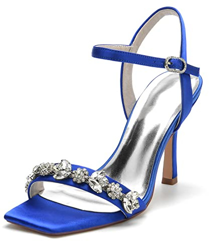 Zapatos De Novia Boda Sandalias De Tacón Alto Mujer 9,5 Cm Punta Cuadrada Abierta Y Tiras Tobillo Bodas Fiestas Graduaciones Trabajos Citas Tacones Aguja,Royal Blue,36 EU