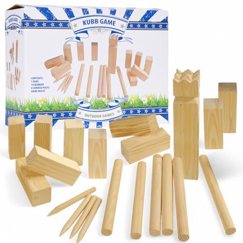 MIJOMA Kubb Spiel – Wikinger-Schach aus Holz – Outdoor Wurfspiel für Garten & Park – Strategie & Geschicklichkeit – Perfekt für Familien & Freunde – 21-teiliges Set mit König, Kubbs & Wurfhölzern