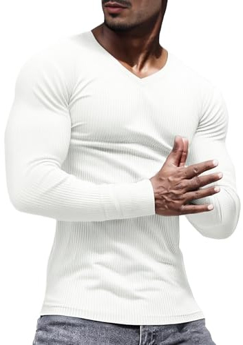 Lehmanlin Mens Thermal Underwear Long Sleeve Muscle T-Shirt Slim Fit V Neck Undershirts Elasticity Ribbing Pullover Top (White/L)