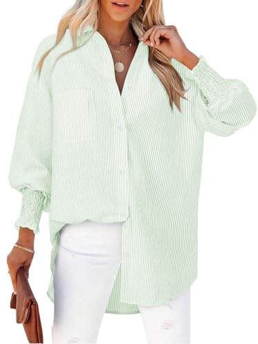 Cuptacc Blusa Mujer Elegante Cuello en V Manga Larga Botones Blusas Mujer Rayas Bolsillo en el Pecho Tops