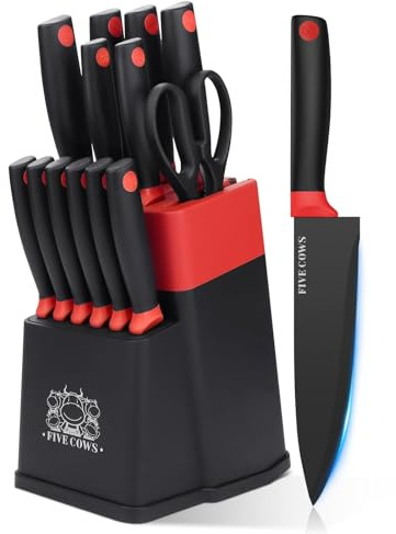 FIVE COWS Messerblock Set, mit 14-teilige, Küchenmesser Set, mit Selbstschärfender Messerblock, mit steakmesser und Schere, Schwarze Beschichtung verhindert Oxidation, professionelles Set für Zuhause