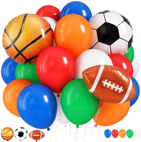 Football Balloons, 12'' Green Orange Blue Red White Latex Balloons with Football Ball Basketball Foil Balloon for Boys Kids Sport Theme Birthday Decorations Football Lover Men Party Baby Shower Decor