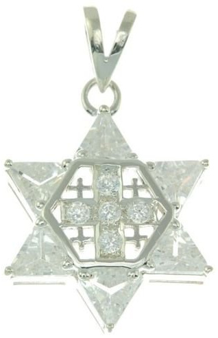 Stella di David con croce di Gerusalemme in argento 925 con pietre colorate bianche, Argento sterling, Cristallo