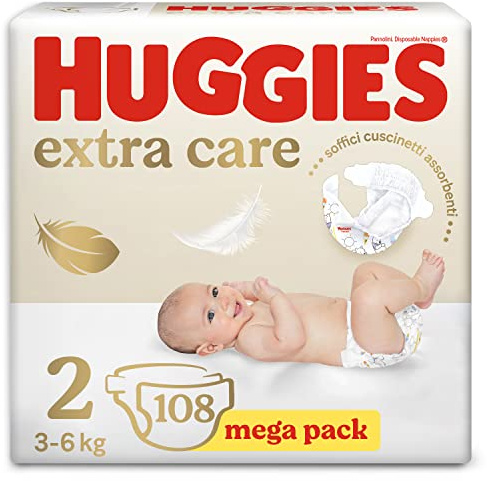Huggies Pañales Extra Care para bebé, talla 2 (3-6 kg), paquete de 108 pañales (Megapack)