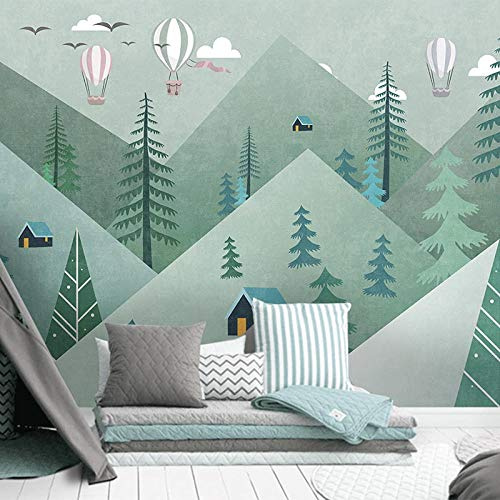 Papel tapiz fotográfico 3D Dibujos animados lindo Geométrico Montaña Bosque Globo Mural Dormitorio infantil Fondo Pintura de pared Frescos 3D 350 cm (L) × 245 cm (H)