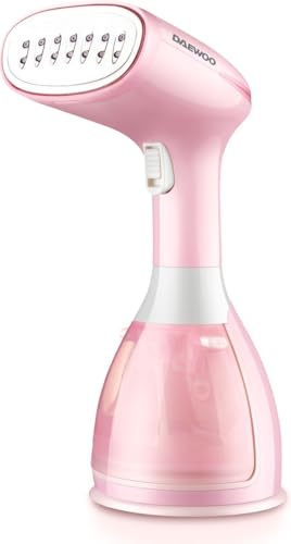Daewoo DGS1502PK Plancha de vapor vertical - Vaporizador de ropa y prendas - 1500 W - 280 ml - 60 g/min - Vapor continuo - Calentamiento 30 segundos - Rosa - Plástico - 2 cabezales de cepillo