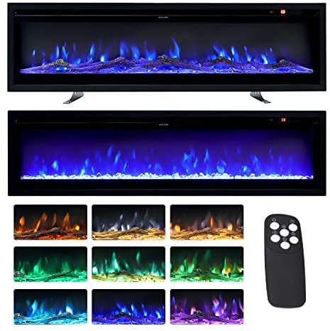 INMOZATA Camino elettrico da parete/da incasso/indipendente, 102 cm, con telecomando e controllo touch screen, 9 LED effetto fiamma colorata, 2 impostazioni di calore 900 W e 1800 W, set di cristalli