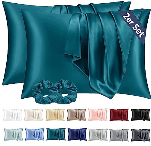 Vielit 2 Stück Satin Kissenbezug 40x60 Petrol, Weich wie Seidenkissenbezug, Bessere Pflege als Silk Pillosecase, Satin Kopfkissenbezug Kissenhülle für Haar und Haut kommt mit 2 Haargummis