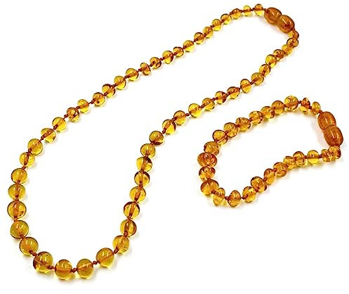 Amber Jewelry Store - Collana in ambra baltica naturale, 34 cm, bracciale 14 cm, set regalo in ambra (cognac)